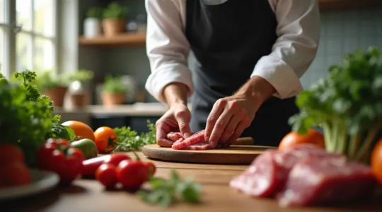 Mains d'un chef choisissant des ingrédients frais et variés dans une cuisine professionnelle, symbolisant l'importance du choix des matières premières pour le succès culinaire