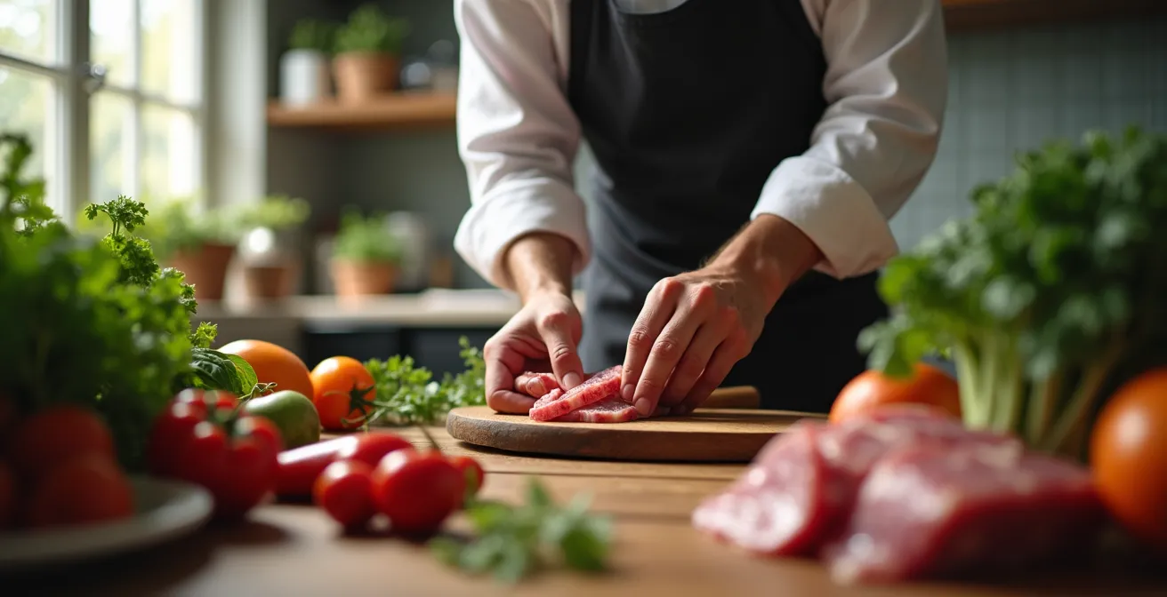 Mains d'un chef choisissant des ingrédients frais et variés dans une cuisine professionnelle, symbolisant l'importance du choix des matières premières pour le succès culinaire