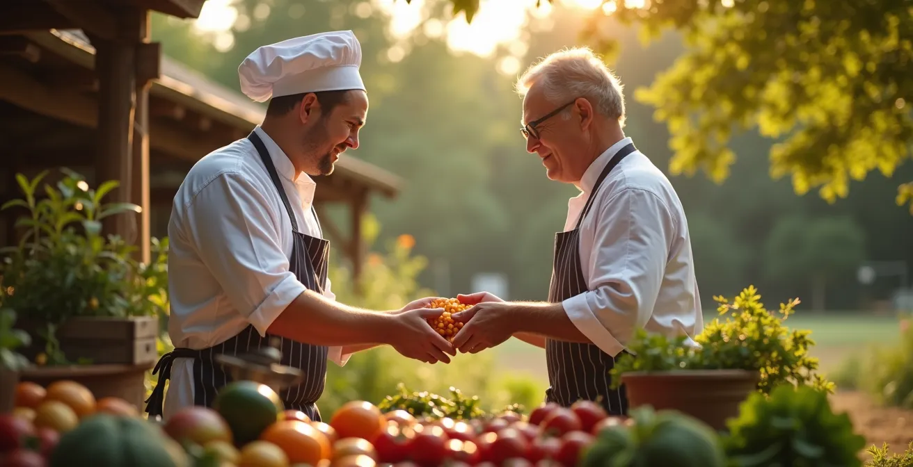 Un chef et un producteur discutant dans une ferme avec des produits locaux, symbolisant la coopération et l'écosystème militant