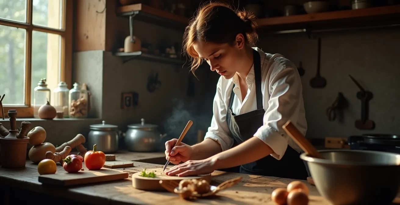 Un artisan cuisinier concentré en pleine préparation, symbole de résistance et de passion dans la cuisine traditionnelle.