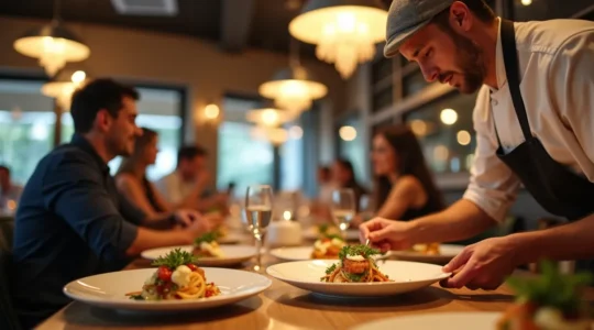Un chef cuisinier et un chef de rang représentant la diversité des métiers en restauration, ambiance dynamique et professionnelle