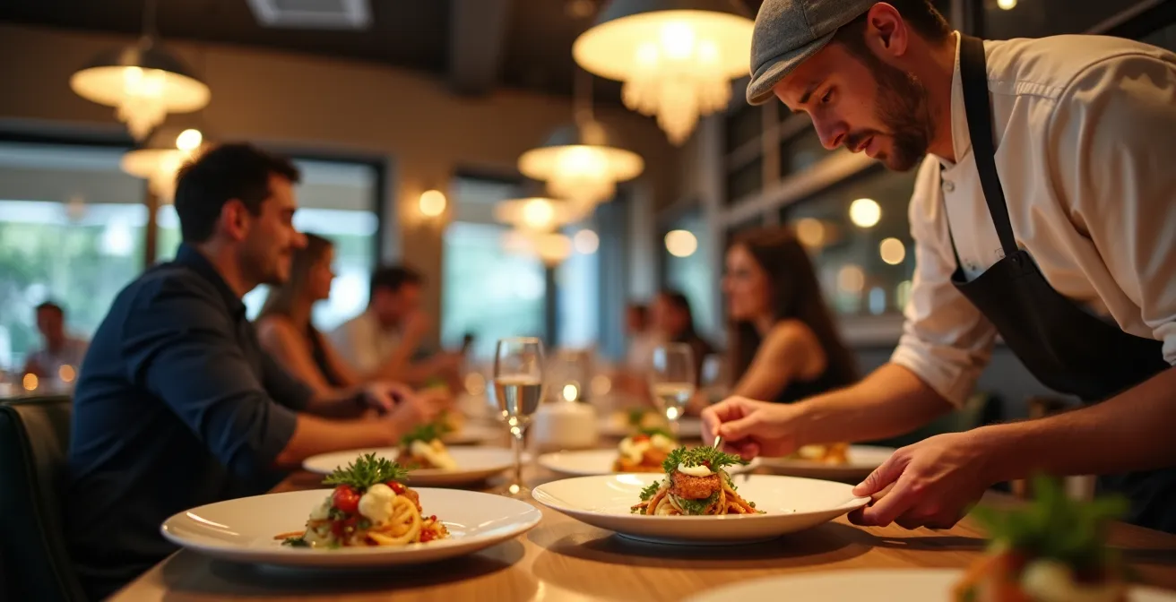 Un chef cuisinier et un chef de rang représentant la diversité des métiers en restauration, ambiance dynamique et professionnelle