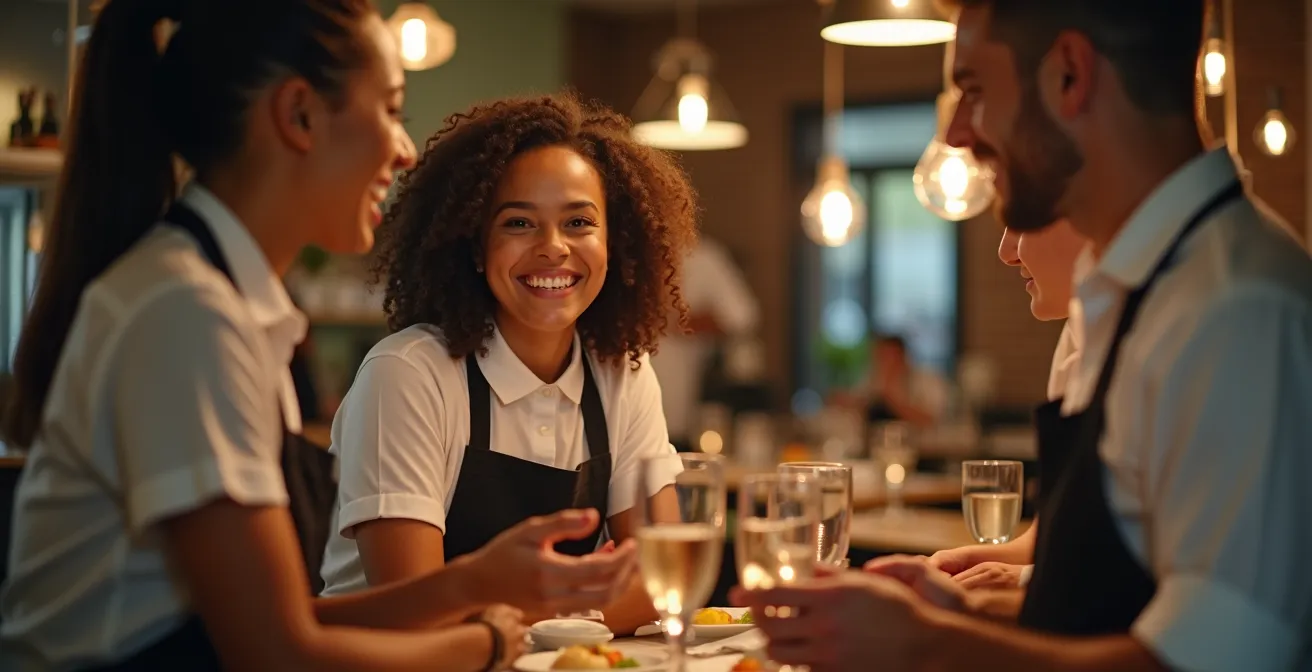 Équipe de restaurant souriante et détendue en coulisses, partageant un moment de complicité avant le service
