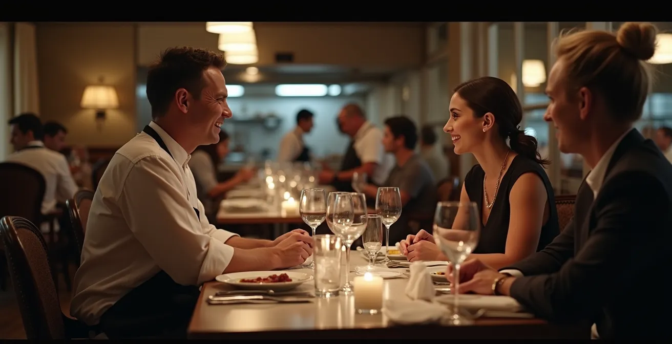 Un chef de rang professionnel engageant un client avec un service impeccable tandis qu’un sous-chef prépare en cuisine, symbolisant la différence des rôles et revenus.