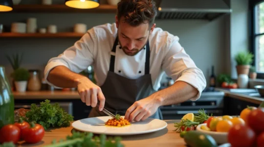 Chef cuisinier concentré en train de travailler un plat artisanal signature dans une cuisine ouverte, symbole de l'excellence et de la passion du fait maison