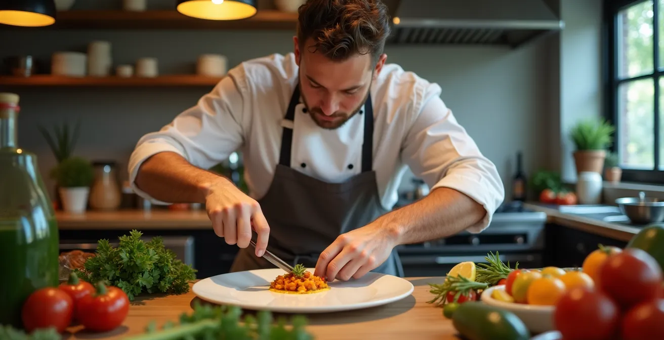 Chef cuisinier concentré en train de travailler un plat artisanal signature dans une cuisine ouverte, symbole de l'excellence et de la passion du fait maison
