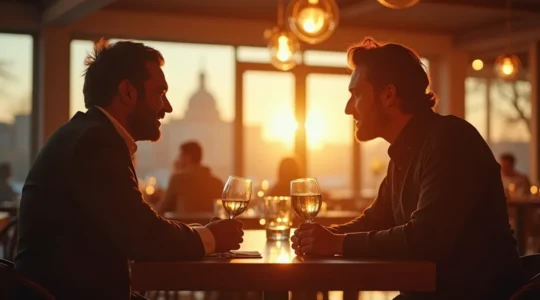 Une scène symbolique montrant un restaurateur souriant en interaction positive avec un client exigeant dans un restaurant élégant