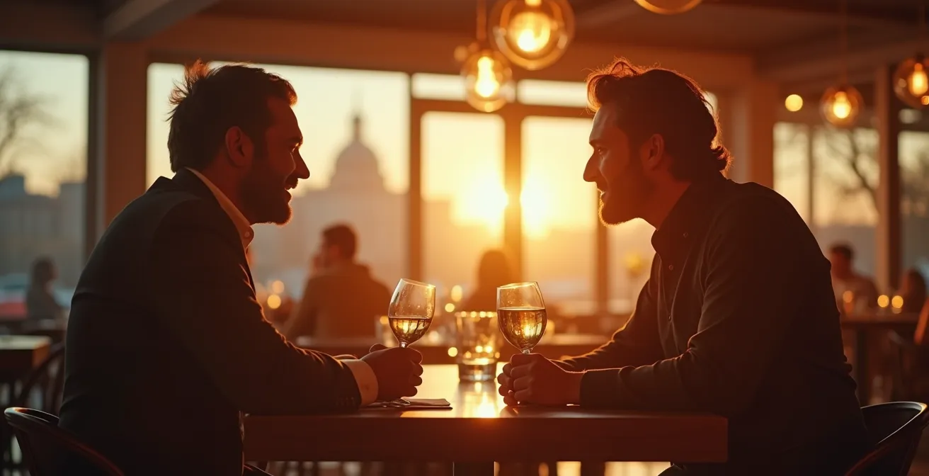 Une scène symbolique montrant un restaurateur souriant en interaction positive avec un client exigeant dans un restaurant élégant