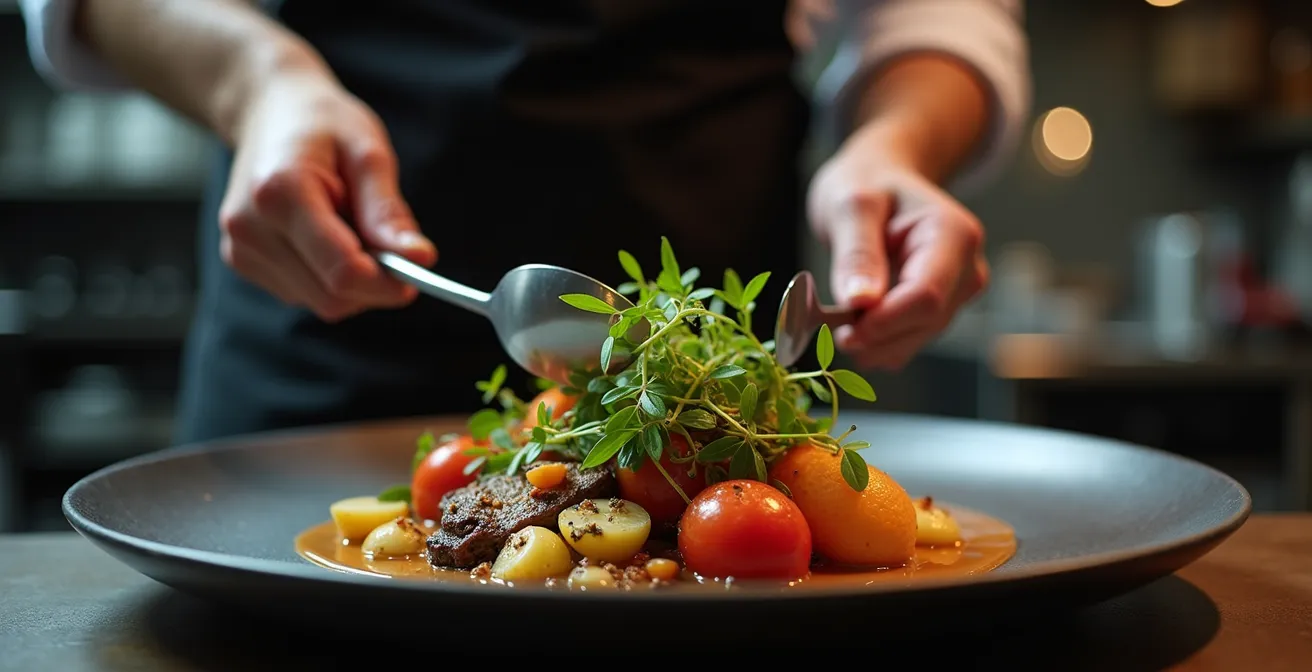 Chef cuisinier préparant un plat gourmet avec des légumes simples et bas morceaux dans une cuisine professionnelle