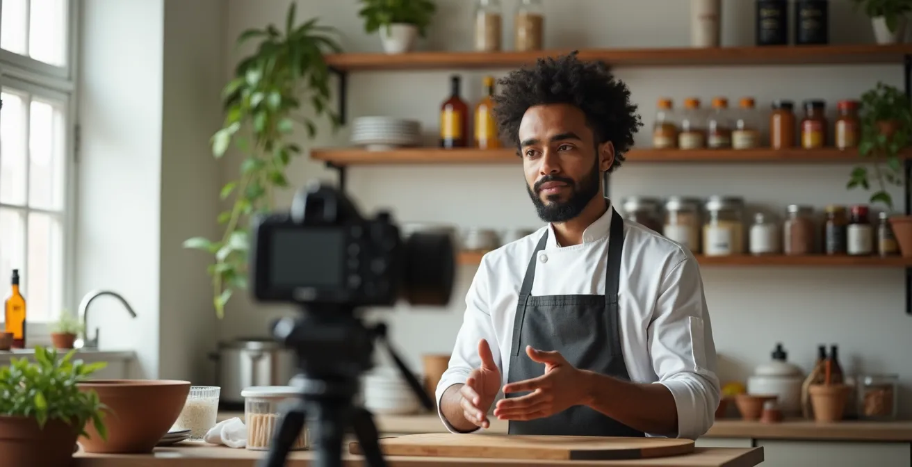 Créateur de contenu en cuisine enregistrant une web-série, produits dérivés gourmet visibles à l'arrière-plan