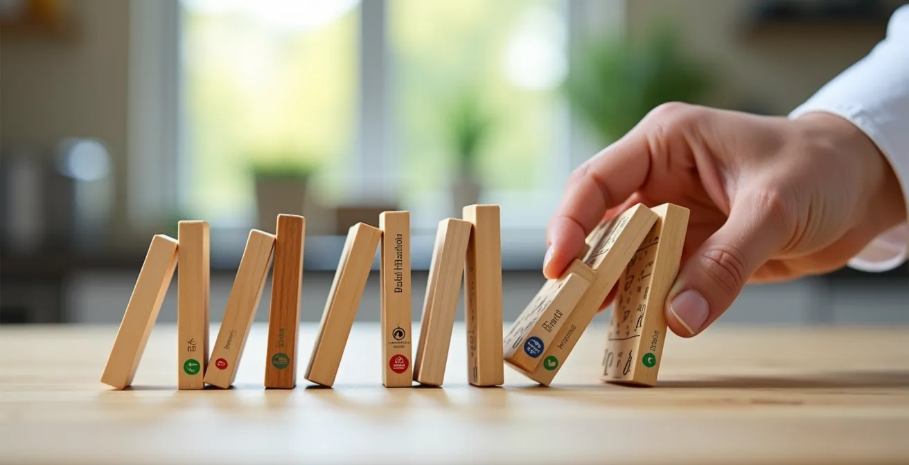 Schéma visuel illustrant l'effet domino de la labellisation dans un contexte de restaurant : plusieurs blocs labels s'enchaînent stratégiquement.