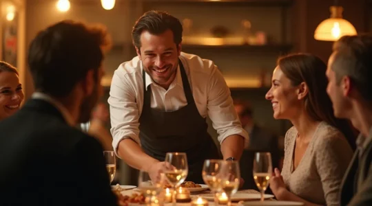 Un serveur souriant avec une attitude chaleureuse servant une table dans un restaurant élégant, créant une atmosphère conviviale et mémorable
