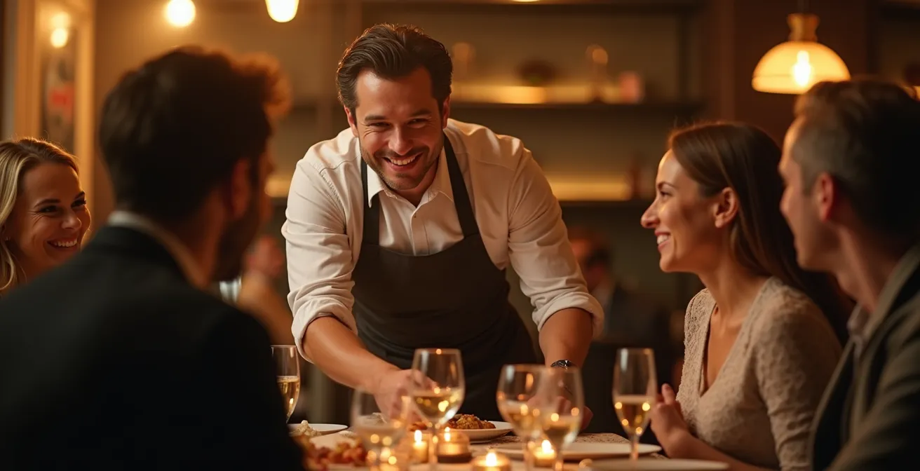 Un serveur souriant avec une attitude chaleureuse servant une table dans un restaurant élégant, créant une atmosphère conviviale et mémorable