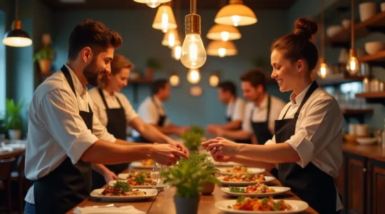 Une équipe de restaurant souriante et engagée, en plein service, reflétant l'esprit de collaboration et l'engagement collectif.