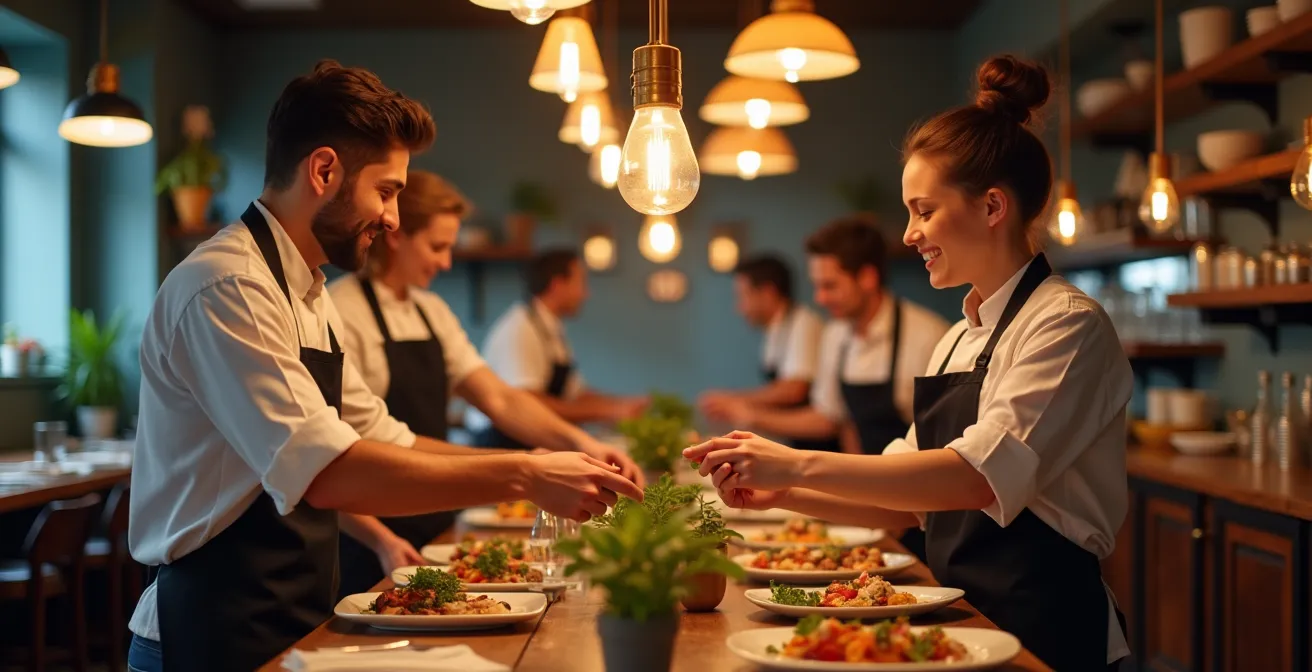 Une équipe de restaurant souriante et engagée, en plein service, reflétant l'esprit de collaboration et l'engagement collectif.