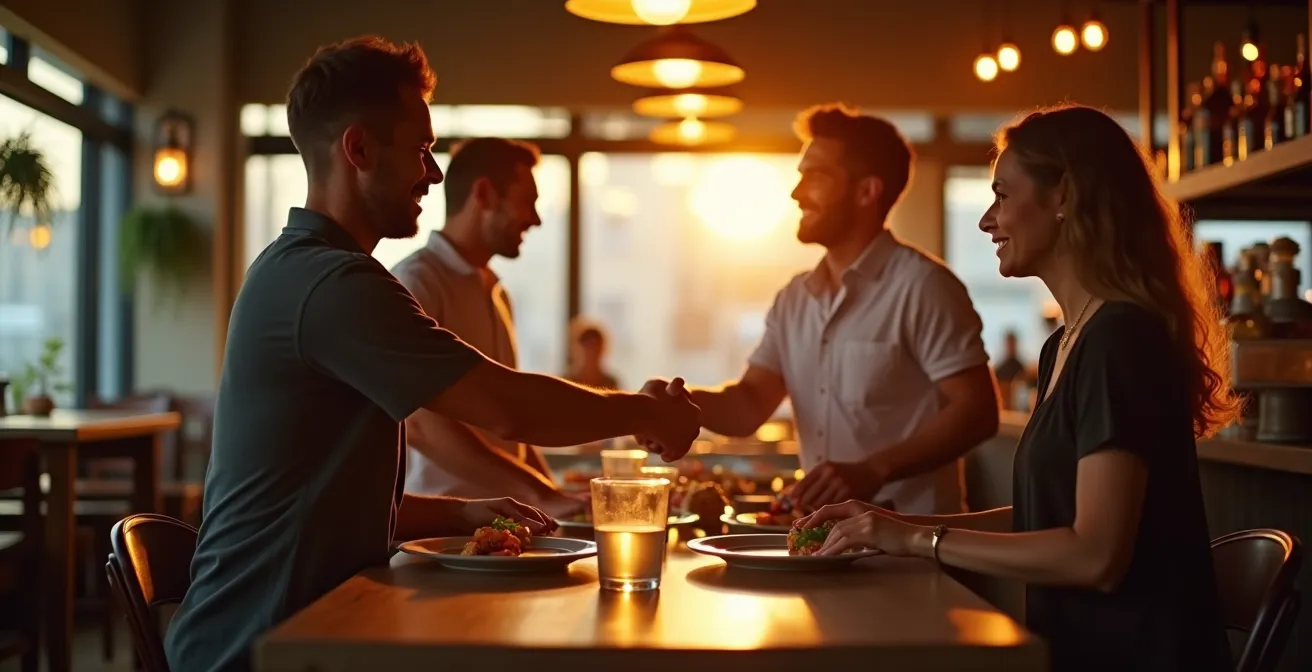 Scène chaleureuse d’un restaurant local vibrant avec des clients et fournisseurs locaux échangeant dans un esprit de confiance et de communauté
