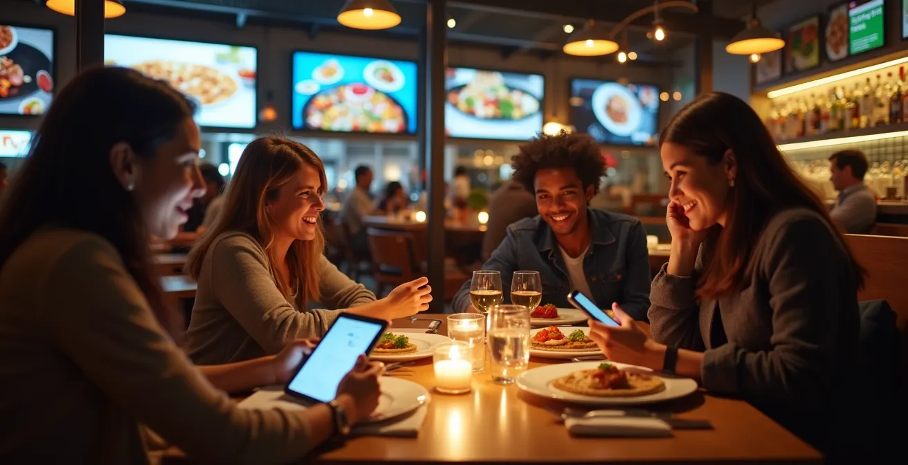 Clients interagissant avec une application de jeu autour de la dégustation dans un restaurant moderne