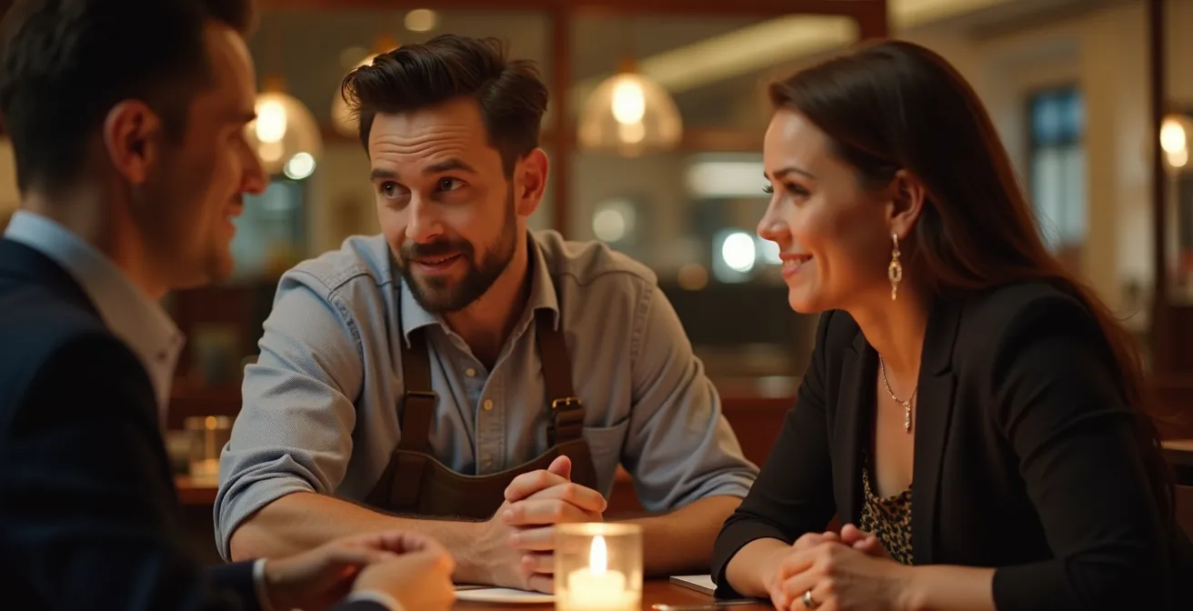 Serveur conciliant avec un client manifestant un problème dans un restaurant, ambiance chaleureuse et professionnelle