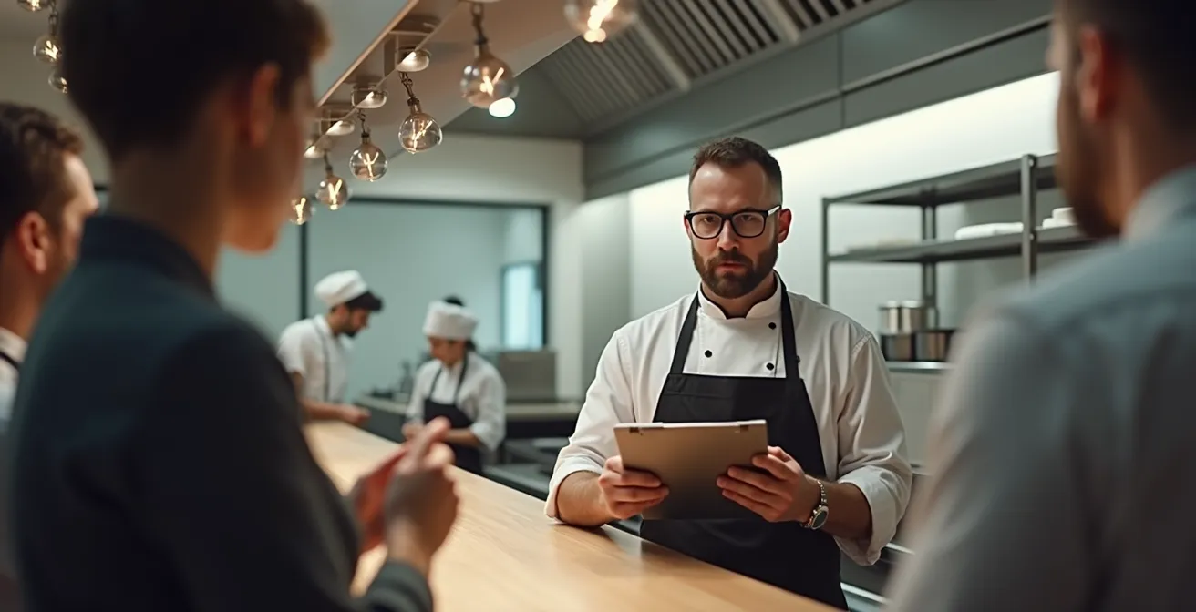 Un restaurateur en train de préparer un audit interne avec une checklist et une équipe attentive dans une cuisine professionnelle