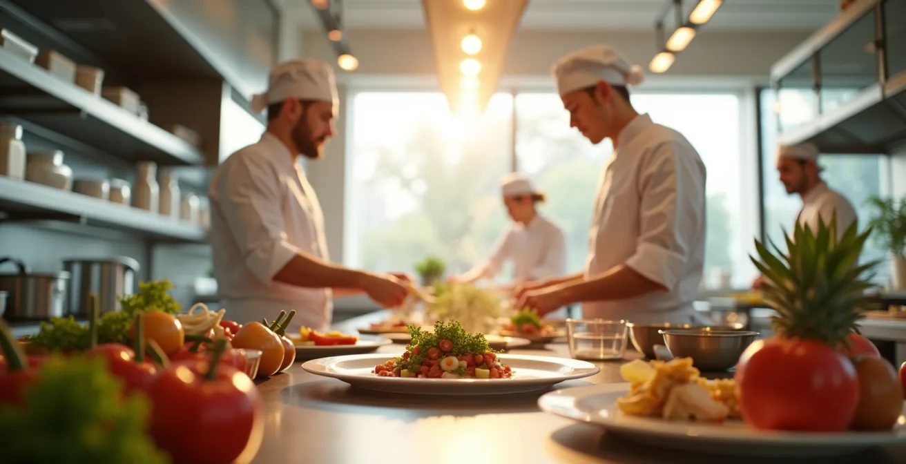 Chefs et producteurs travaillant ensemble dans une cuisine moderne avec des pratiques durables, zéro déchet et valorisation du terroir