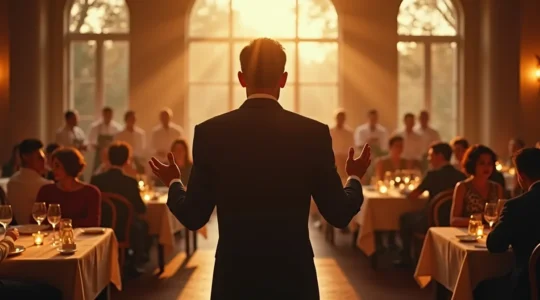 Un chef d'orchestre dirige symboliquement une équipe de serveurs en salle de restaurant, illustrant le service comme un spectacle