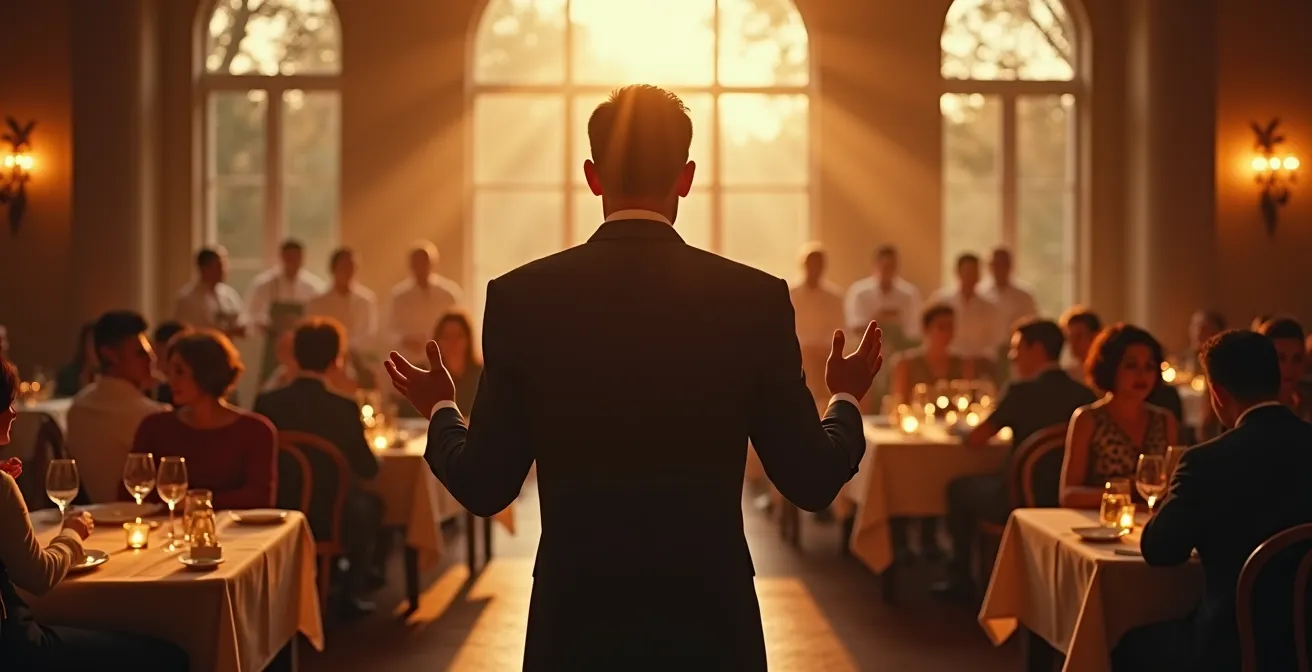 Un chef d'orchestre dirige symboliquement une équipe de serveurs en salle de restaurant, illustrant le service comme un spectacle