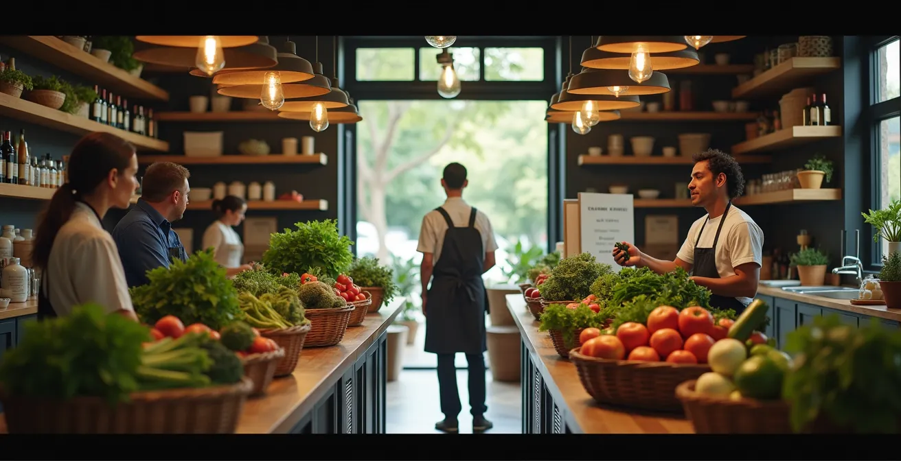 Gestion logistique complexe avec des produits locaux, des cartons étiquetés bio, un chef et plusieurs petits producteurs livrant au restaurant.
