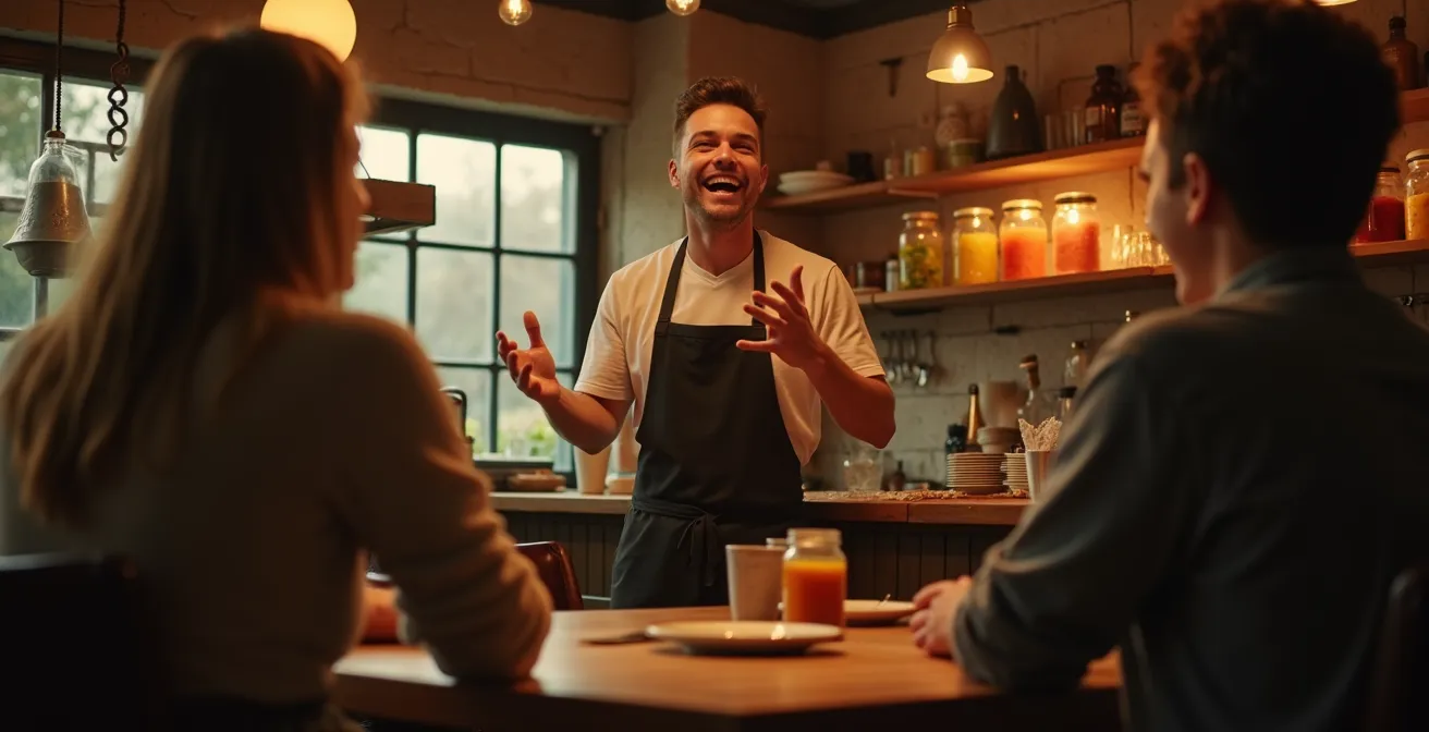 Photo d'un restaurant chaleureux avec des bocaux de fermentation visibles, lumière tamisée et un serveur racontant une histoire à une table
