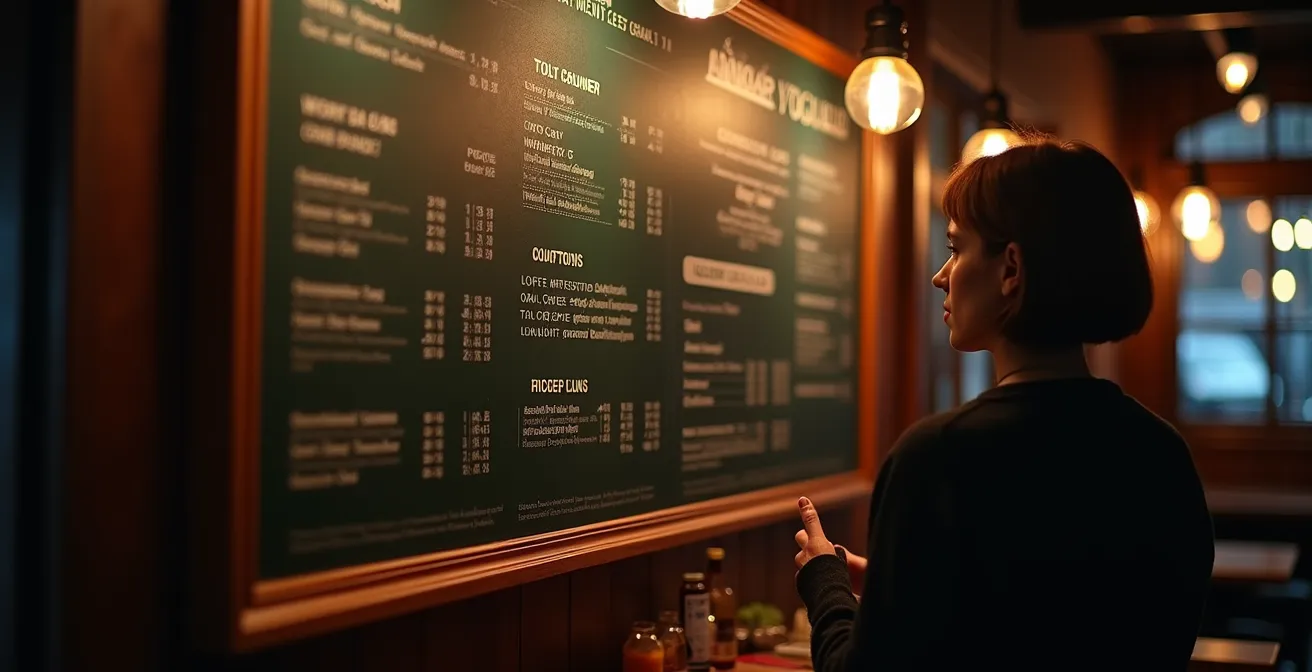 Carte du menu d’un restaurant court avec uniquement des produits de saison, contexte hivernal, un restaurateur refuse des fraises à un client.