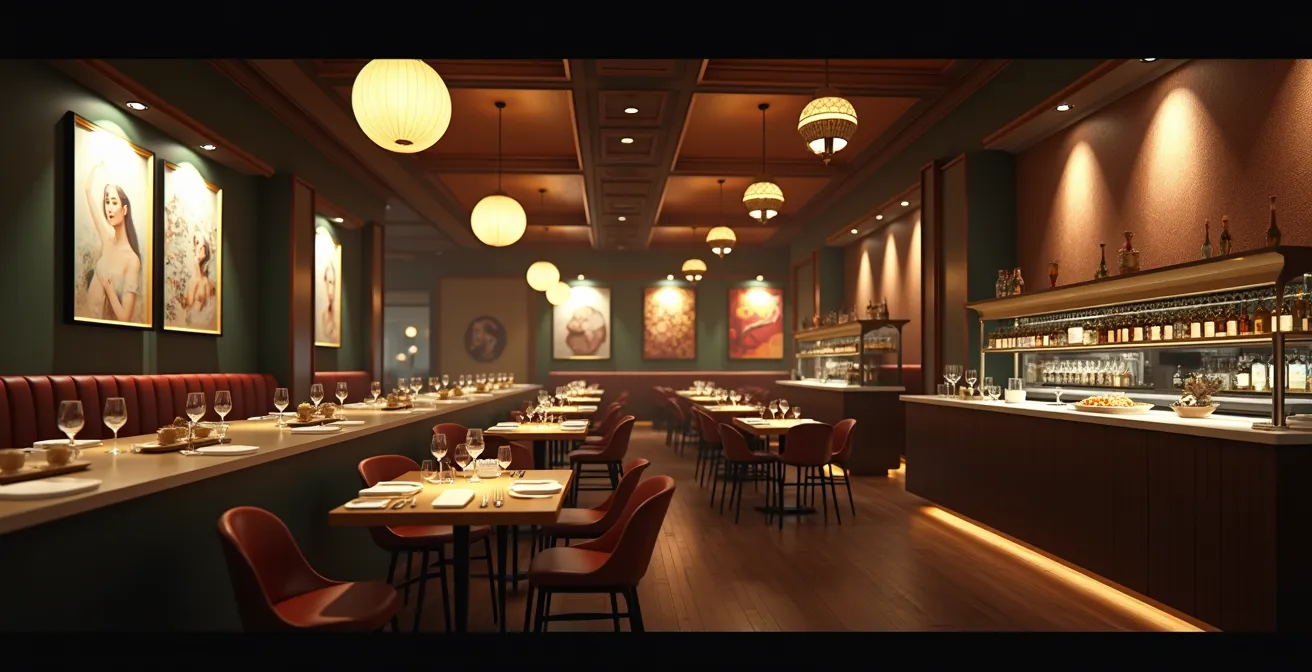 Illustration d'un restaurant avec mise en évidence de l'emplacement stratégique de tableaux et miroirs pour influencer les choix des clients.