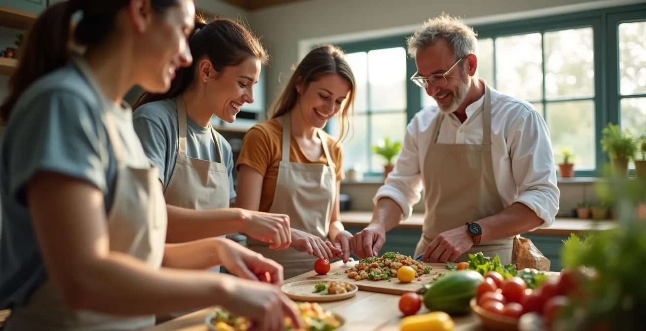 Atelier de cuisine participatif zéro-déchet avec clients et chef, scène conviviale et engagée montrant l’action plutôt que des paroles