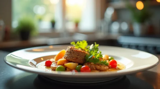 Une assiette gastronomique parfaitement équilibrée avec des ingrédients colorés, symbolisant la qualité et la rigueur en cuisine