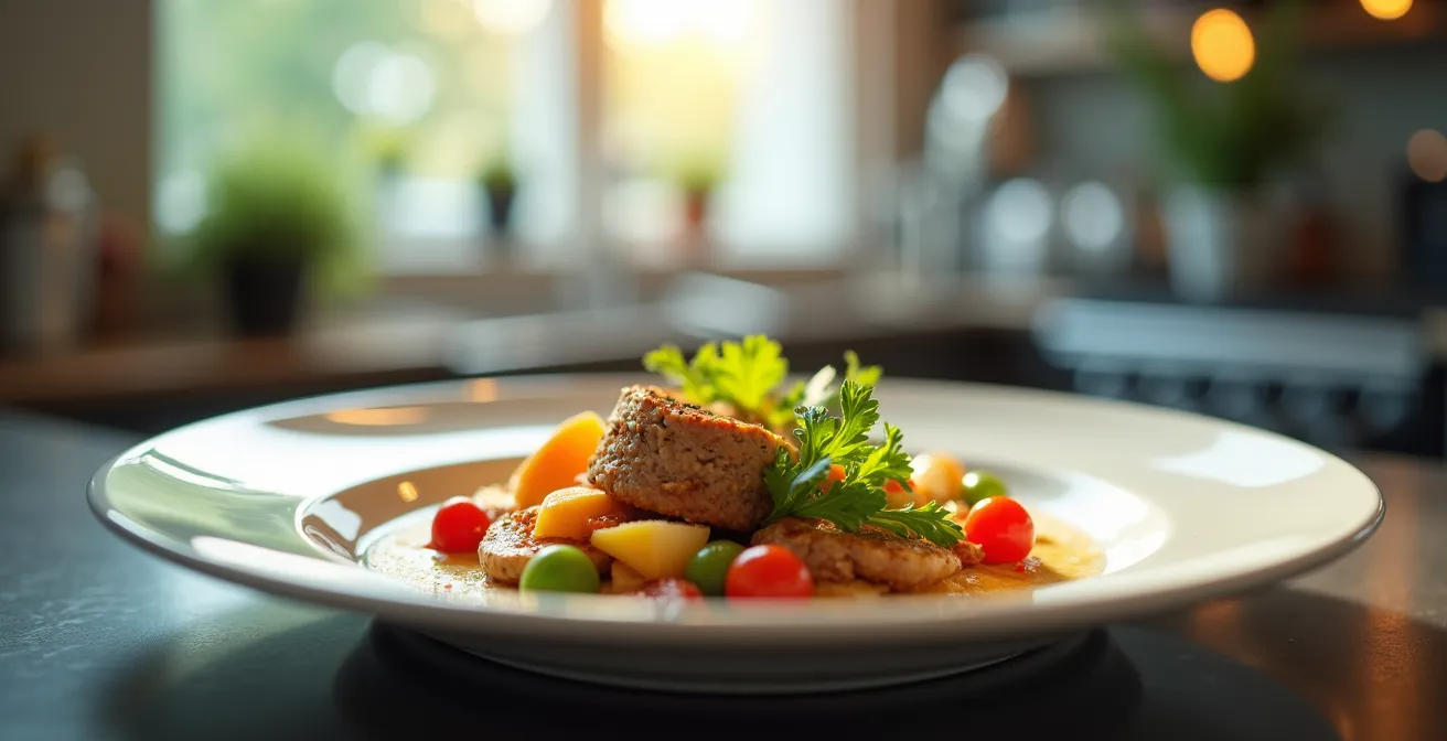 Une assiette gastronomique parfaitement équilibrée avec des ingrédients colorés, symbolisant la qualité et la rigueur en cuisine