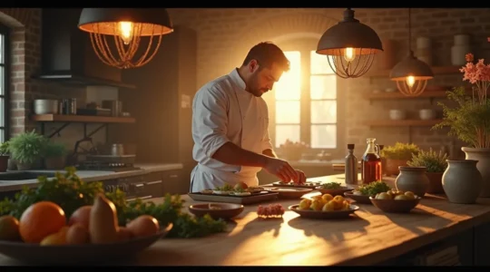 Illustration symbolique représentant la réinvention du patrimoine culinaire, avec un chef moderne mêlant des éléments traditionnels et contemporains en cuisine