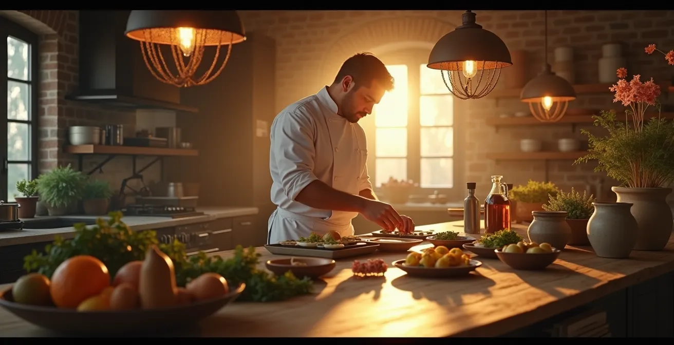 Illustration symbolique représentant la réinvention du patrimoine culinaire, avec un chef moderne mêlant des éléments traditionnels et contemporains en cuisine