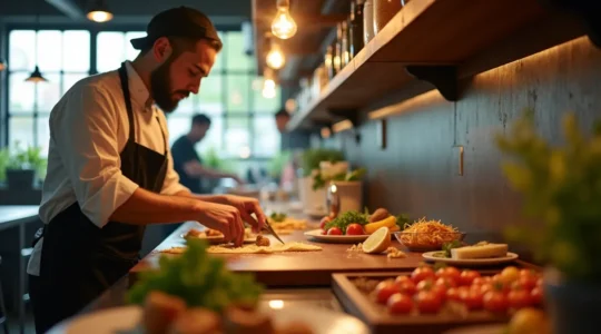 Une cuisine artisanale ouverte avec un chef en train de préparer un plat maison avec des ingrédients frais, ambiance chaleureuse et authentique
