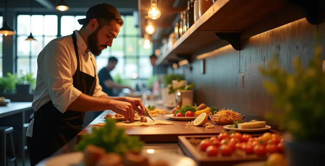 Une cuisine artisanale ouverte avec un chef en train de préparer un plat maison avec des ingrédients frais, ambiance chaleureuse et authentique