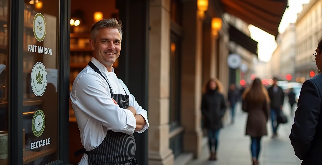Chef cuisinier devant un restaurant affichant plusieurs labels qualité sur la vitrine, scène dynamique et élégante.