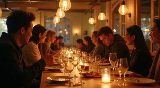 Salle de restaurant élégante, mélange d'éléments architecturaux racontant une histoire locale, avec des touristes dégustant des plats typiques et une ambiance chaleureuse