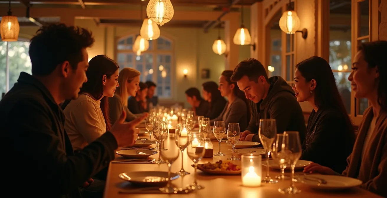 Salle de restaurant élégante, mélange d'éléments architecturaux racontant une histoire locale, avec des touristes dégustant des plats typiques et une ambiance chaleureuse