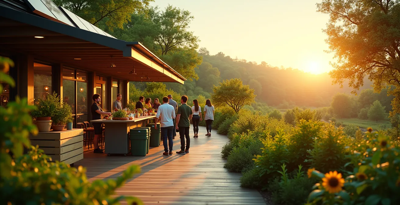 Bannière montrant un restaurant moderne entouré de nature, de producteurs locaux et de solutions écoresponsables.