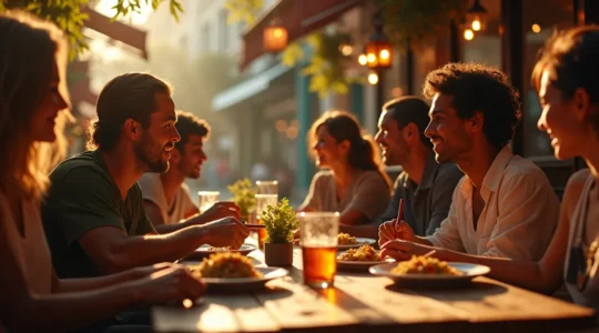 Vue d'un restaurant animé en centre-ville avec des habitants locaux partageant un repas convivial, symbolisant un lieu culturel essentiel