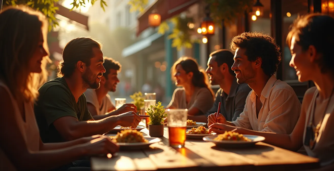 Vue d'un restaurant animé en centre-ville avec des habitants locaux partageant un repas convivial, symbolisant un lieu culturel essentiel