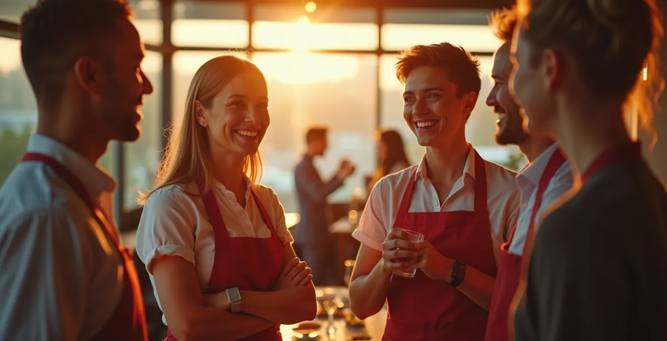 Une équipe de restaurant en pleine réunion rapide debout, échangeant avec énergie et complicité.