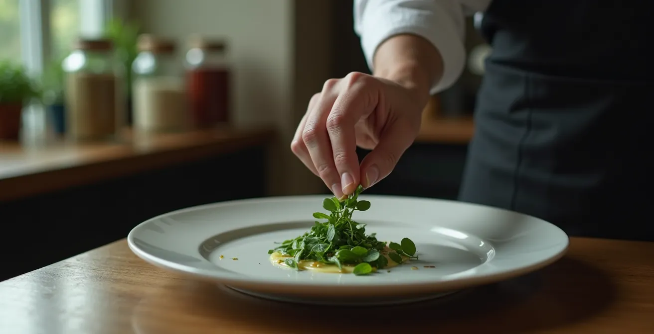 Une main de chef déposant délicatement une herbe aromatique sur une assiette fine, avec en arrière-plan flou des étagères contenant des bocaux d'ingru00e9dients et un tablier de cuisine, symbolisant l'artisanat et la pru00e9cision