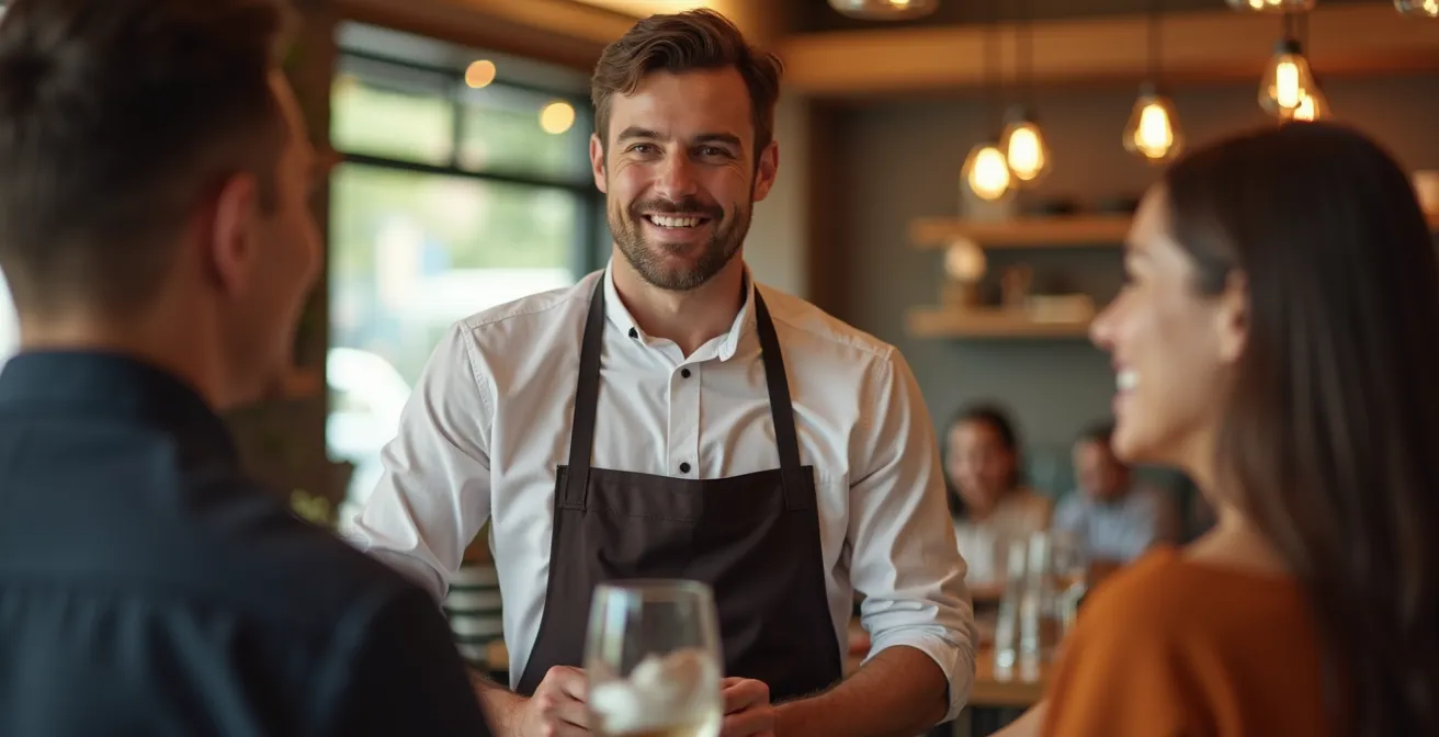 Serveur souriant exprimant une personnalité chaleureuse et authentique lors d'un service en salle