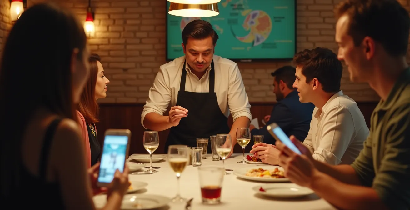 Scénette de salle de restaurant moderne où le personnel évoque les labels via QR Codes sur le menu auprès de clients curieux.