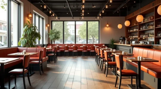 Image représentant l'agencement stratégique d'une salle de restauration avec des meubles modernes et fonctionnels pour optimiser la rentabilité.