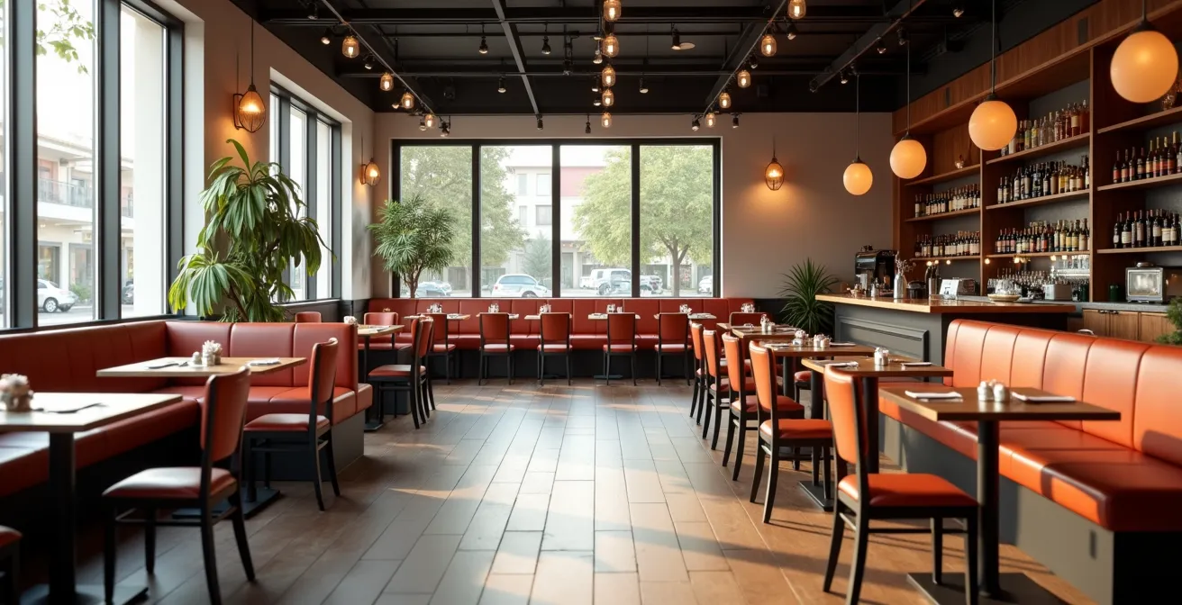Image représentant l'agencement stratégique d'une salle de restauration avec des meubles modernes et fonctionnels pour optimiser la rentabilité.