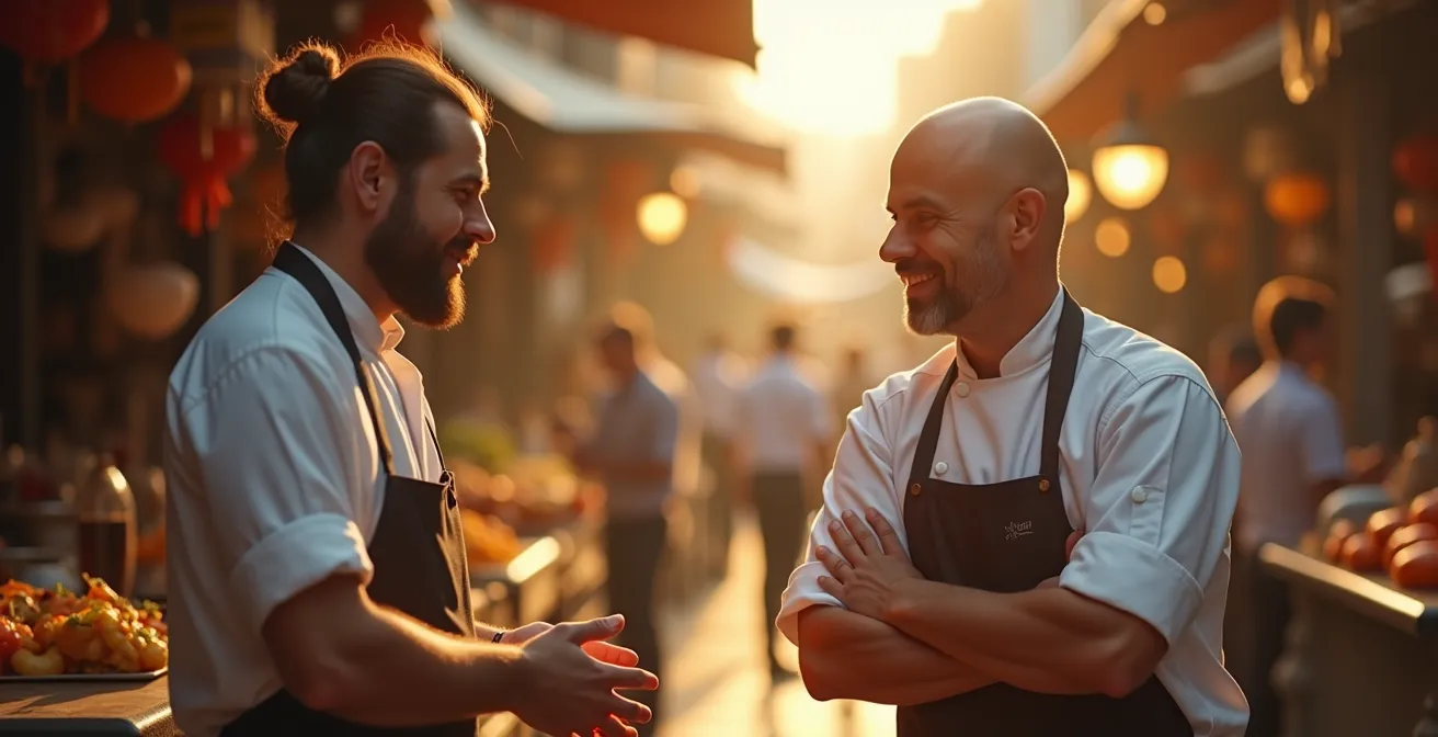 Chef discutant avec un fournisseur dans un environnement de marché, illustrant l'échange et l'évaluation avant engagement